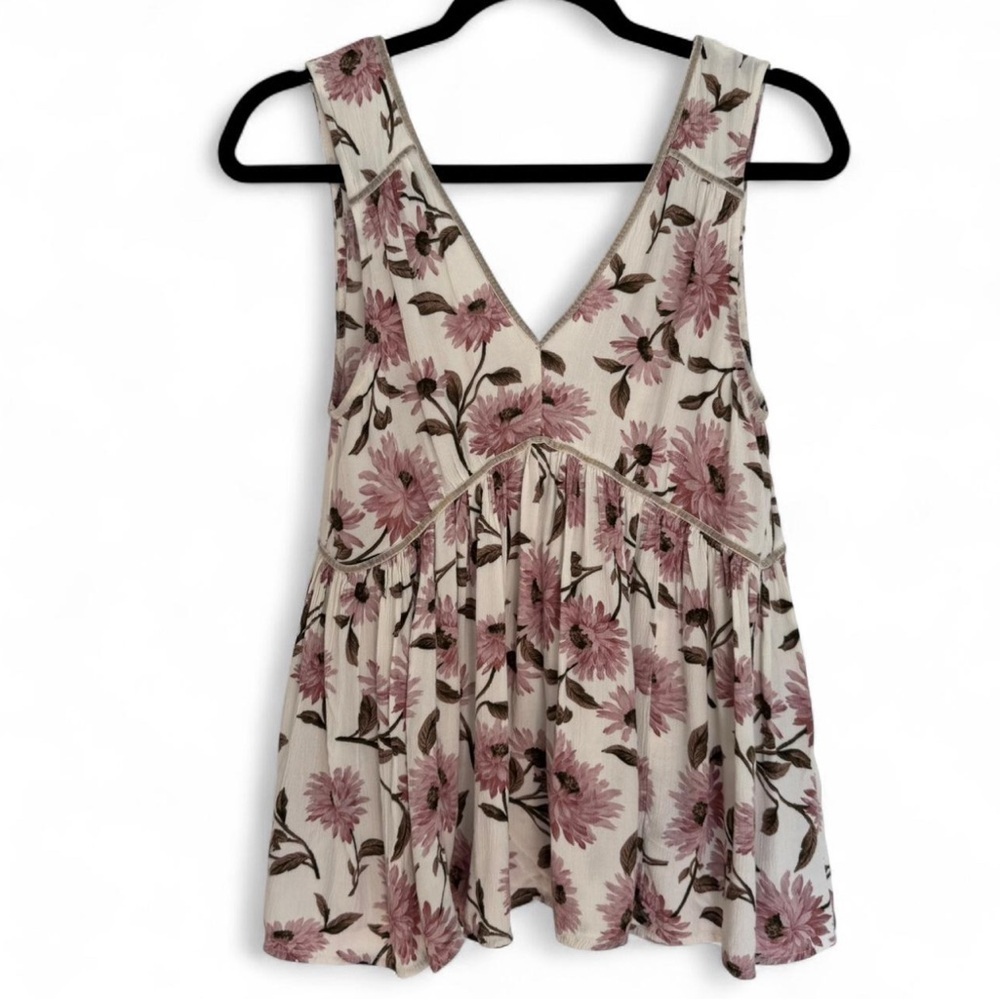 American Eagle floral V-neck flowy velvet trimmed tank top